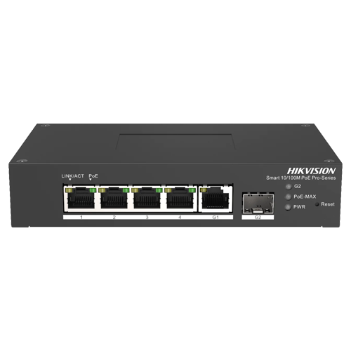 Switch Smart managed 4 porturi 10/100 Mbps PoE, 1 port Gigabit SFP, 1 port Gigabit RJ45 - HIKVISION DS-3T1306P-SI-HS