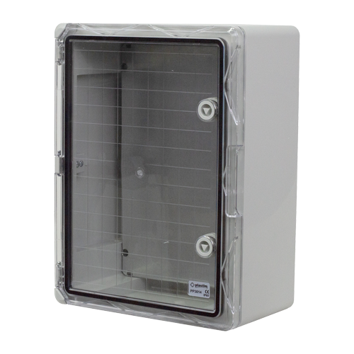 Cutie distributie IP65 din ABS gri, usa transparenta, placa metalica, 300x400x170 mm PP3014