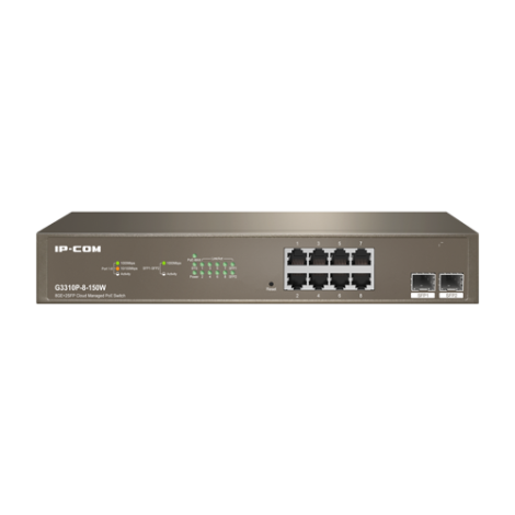 Switch 8 porturi PoE Gigabit, uplink 2 porturi SFP Gigabit, 130W, Cloud Management - IP-COM G3310P-8-150W