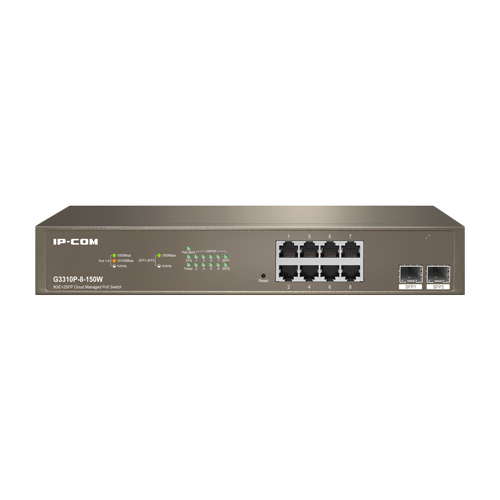Switch 8 porturi PoE Gigabit, uplink 2 porturi SFP Gigabit, 130W, Cloud Management - IP-COM G3310P-8-150W