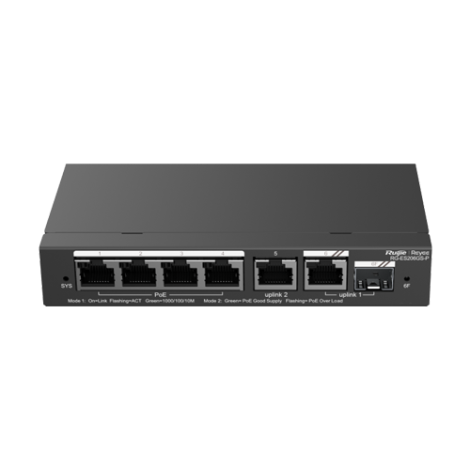 Switch 4 porturi PoE Gigabit 54W, uplink 2 x RJ45 + 1 x SFP, Cloud Management - Ruijie RG-ES206GS-P