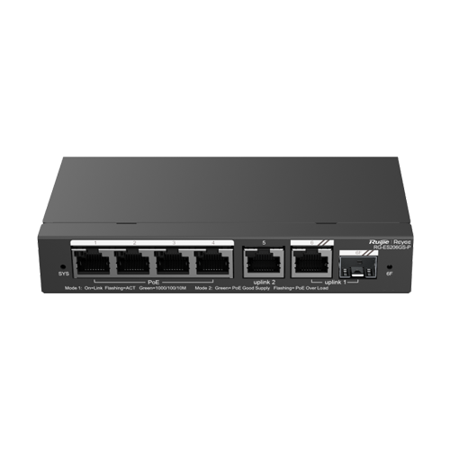Switch 4 porturi PoE Gigabit 54W, uplink 2 x RJ45 + 1 x SFP, Cloud Management - Ruijie RG-ES206GS-P