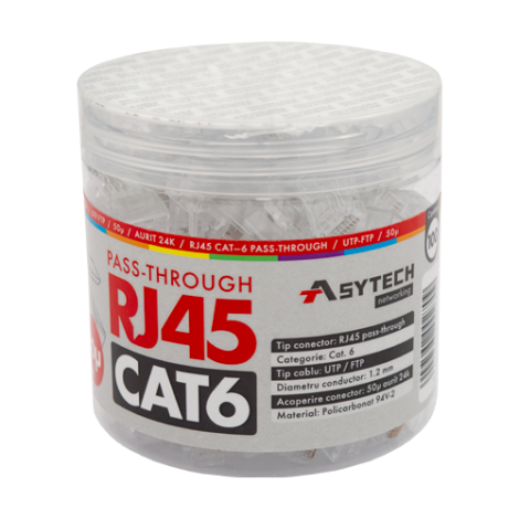 Mufa RJ-45 UTP Cat.6 EZ Passthrough, 50Âµ (100 buc) RJ45-CAT6-EZ-50U-JAR