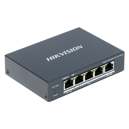 Switch 4 porturi PoE Gigabit, 1 port Hi-PoE, 1 port uplink 1G - HIKVISION DS-3E0505HP-E