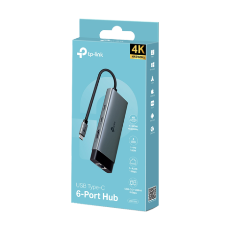 Hub USB-C 6-in-1, 1 x USB-C PD 100W, 1 x USB-C, 2 x USB-A, 1 x HDMI 4K@60Hz, 1 x RJ45 1G - TP-Link UH6120C - imagine 2