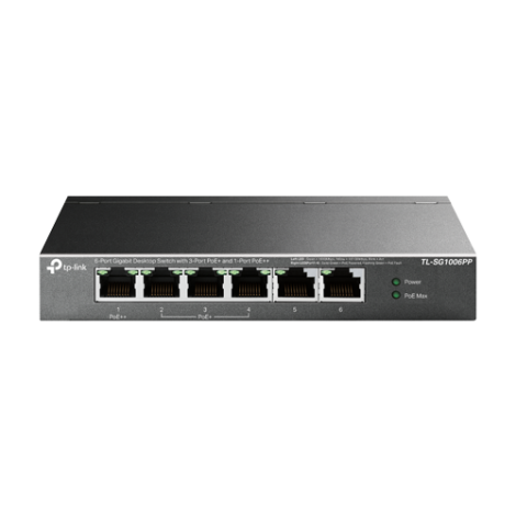 Switch 1 x RJ45 1G PoE++, 3 x RJ45 1G PoE+, 2 x RJ45 Gigabit, Buget PoE 64W, Unmanaged - TP-Link TL-SG1006PP
