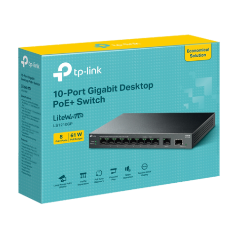 Switch LiteWave, 8 x RJ45 1G PoE, 1 x SFP 1G, 1 x RJ45 1G, Buget PoE 61W, Unmanaged - TP-Link LS1210GP - imagine 3