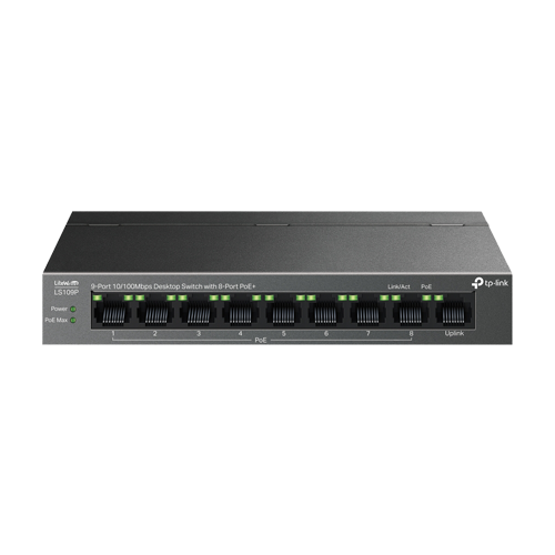 Switch LiteWave, 8 x RJ45 10/100 Mbps PoE, 1 x RJ45 10/100 Mbps, Buget PoE 63W, Unmanaged - TP-Link LS109P