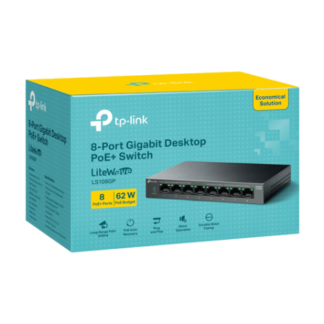 Switch LiteWave, 8 x RJ45 Gigabit PoE, Buget PoE 62W, Unmanaged - TP-Link LS108GP - imagine 3