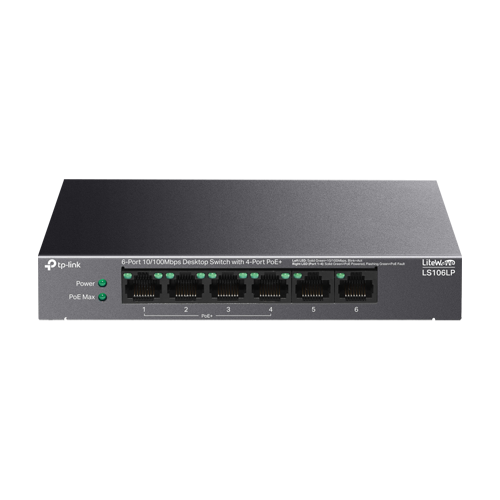 Switch LiteWave, 4 x RJ45 10/100 Mbps PoE, 2 x RJ45 10/100 Mbps, Buget PoE 41W, Unmanaged - TP-Link LS106LP
