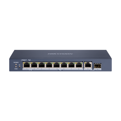 Switch 8 porturi Hi-PoE, 1 x RJ45 Gigabit Uplink, 1 x SFP Gigabit - HIKVISION DS-3E0510HP-E