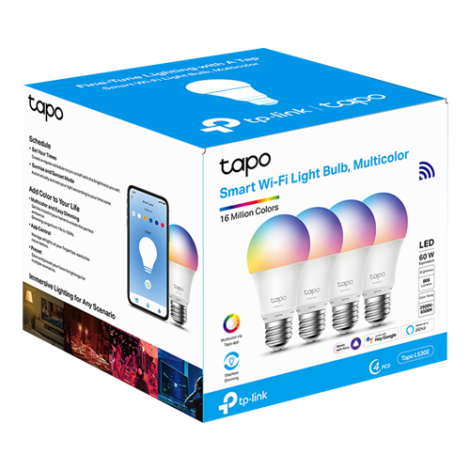 Set 4 becuri smart Wi-Fi, RGB, intensitate ajustabila, 2700-6500K, 806 lm, E27 - TP-Link Tapo TapoL530E(4-pack) - imagine 2