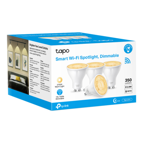 Set 4 becuri smart Wi-Fi, lumina calda 2700K ajustabila, 350 lm, GU10 - TP-Link Tapo TapoL610(4-pack) - imagine 2