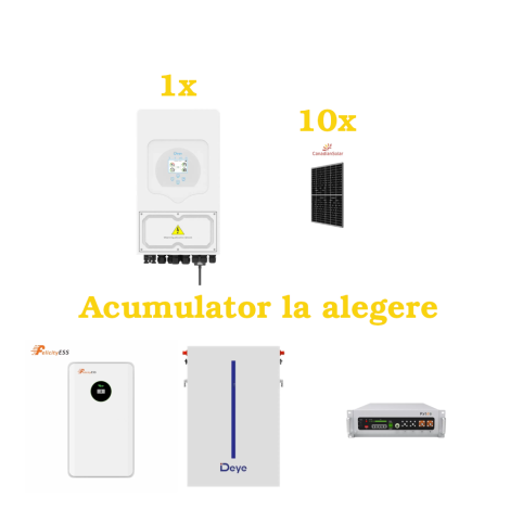 Kit Invertor 5 KW DEYE SUN-5K-SG03LP1-EU, 10 x Panou fotovoltaic 510W Canadian Solar CS6.2-54TM-510, Acumulator Optional