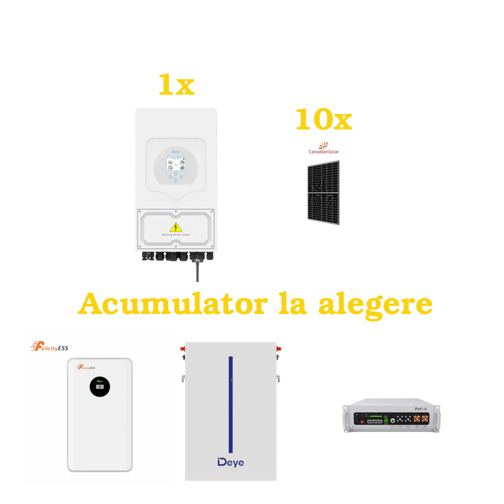 Kit Invertor 5 KW DEYE SUN-5K-SG03LP1-EU, 10 x Panou fotovoltaic 510W Canadian Solar CS6.2-54TM-510, Acumulator Optional