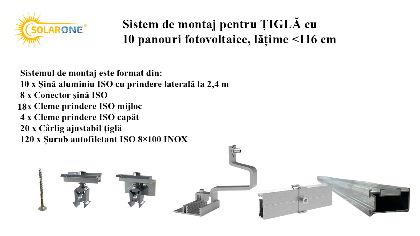 Sistem de montaj pentru ȚIGLĂ cu 10 panouri fotovoltaice, lățime <116 cm