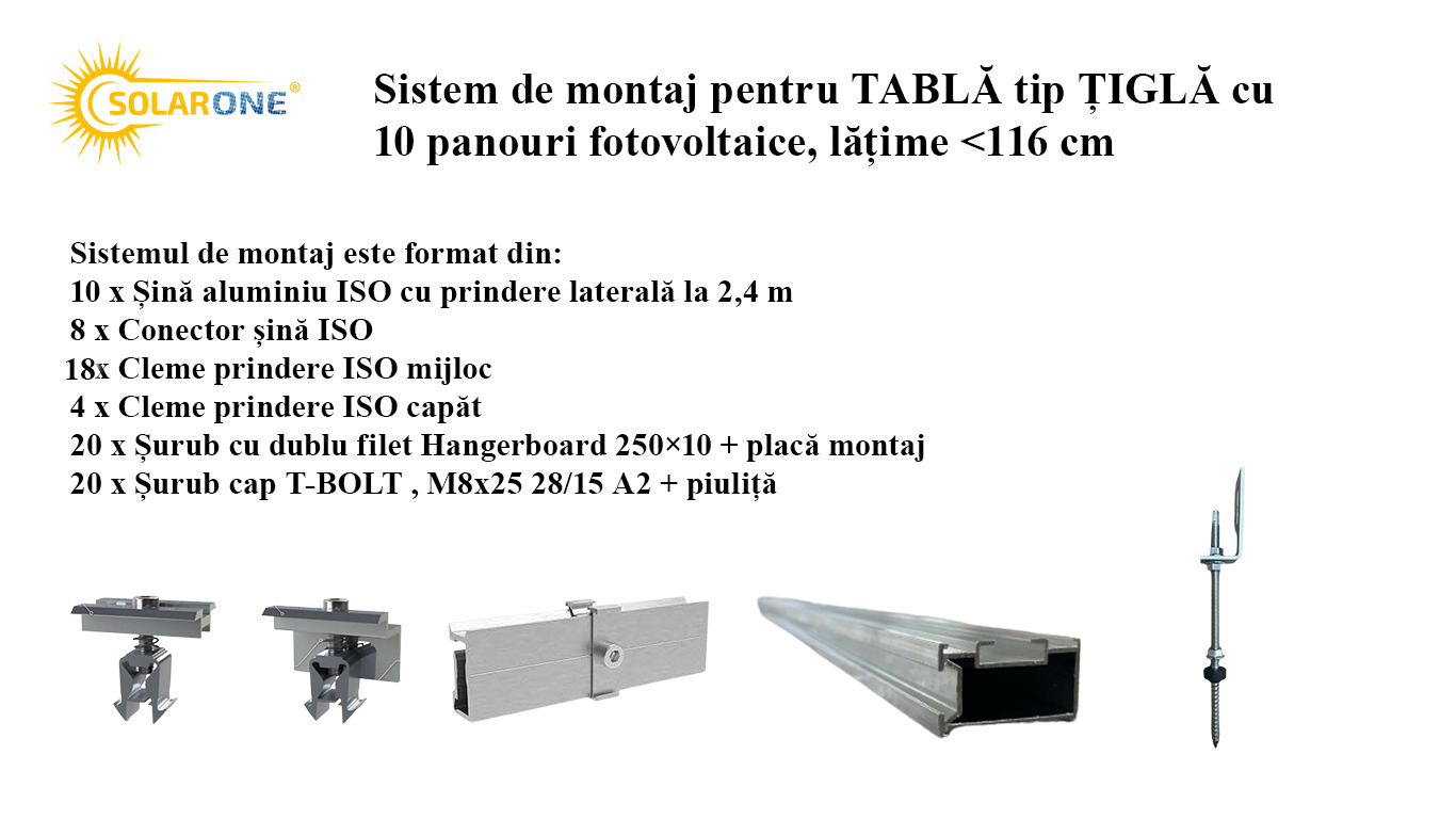 Sistem de montaj pentru TABLĂ tip ȚIGLĂ cu 10 panouri fotovoltaice, lățime <116 cm