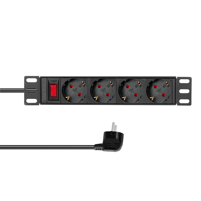 PDU 10", 4x Schuko, 1U, cablu 2m, comutator, Negru, ALU