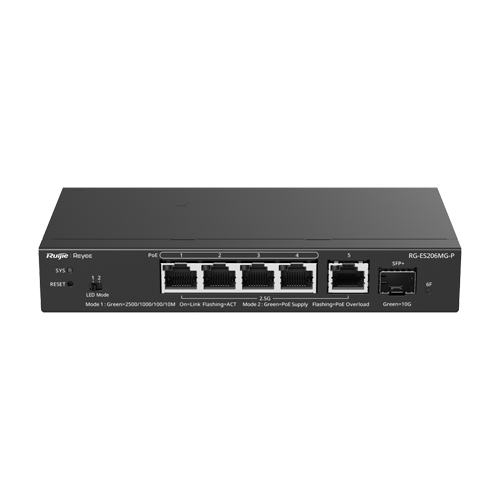 Switch 4 x RJ45 2.5G PoE, 1 x SFP+ 10G, 1 x RJ45 2.5G, Cloud Management - Ruijie Reyee RG-ES206MG-P