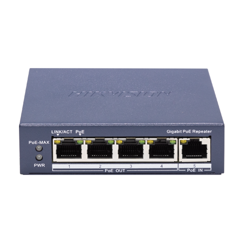 Switch-repeater Gigabit 4 x RJ45 PoE Out af/at, 1 x RJ45 PoE In af/at/bt, Management - HIKVISION DS-3E0505P-E-R