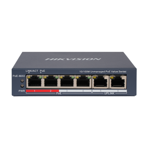 Switch 4 x RJ45 10/100 Mbps PoE, 2 x RJ45 10/100 Mbps, Unmanaged - HIKVISION DS-3E0106P-E-M